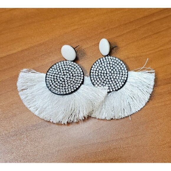 Boho Chic Black and White Fringe Earrings With Rhinestones & Fabric Accents - Picture 2 of 5